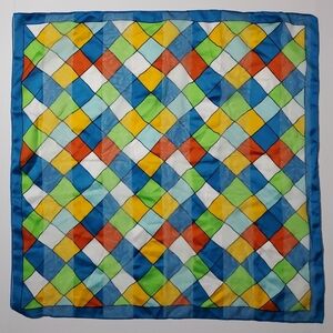 Vintage Italian Scarf SYMPHONY Colorful Blue Harlequin Diamonds 20" SQUARE